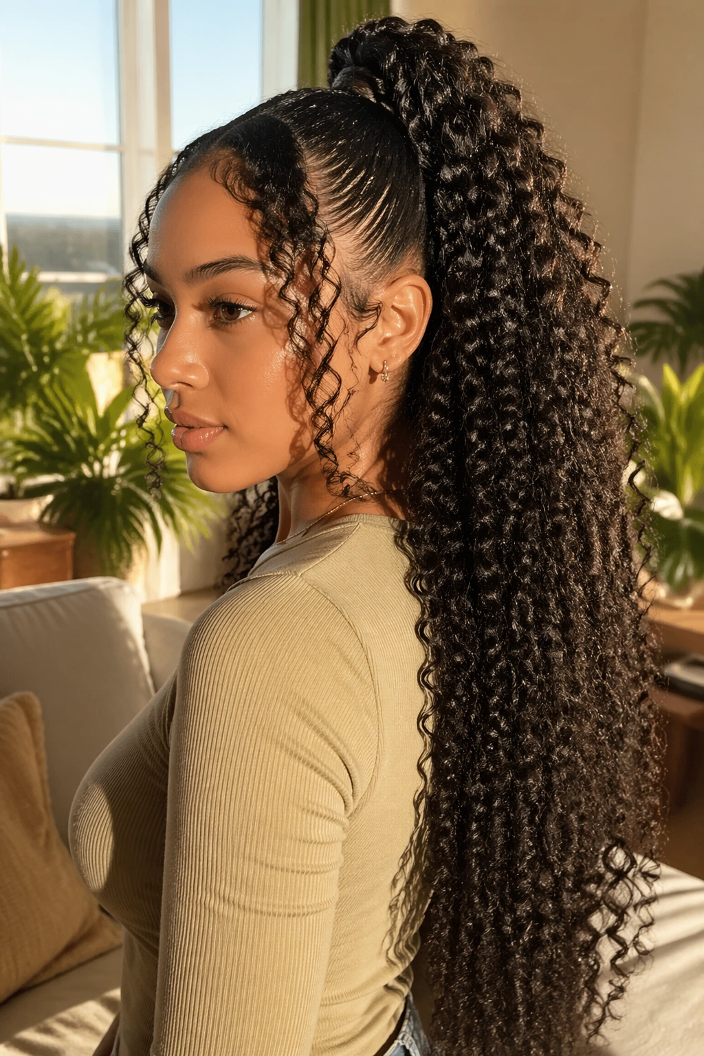 Real woman with extra-long curly V-part ponytail cascading past shoulders
