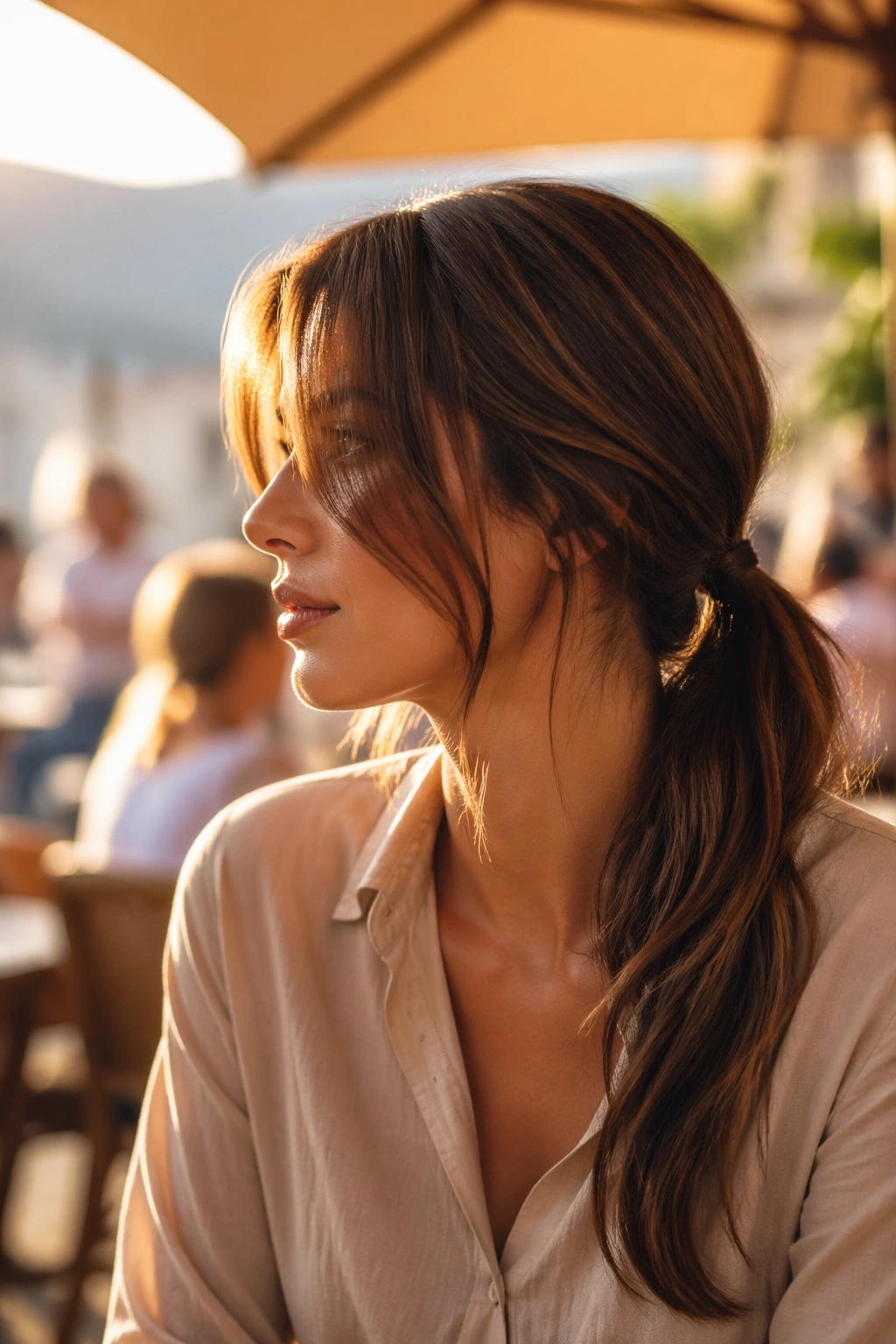 Side-profile of long curtain bangs and a low ponytail in golden hour light