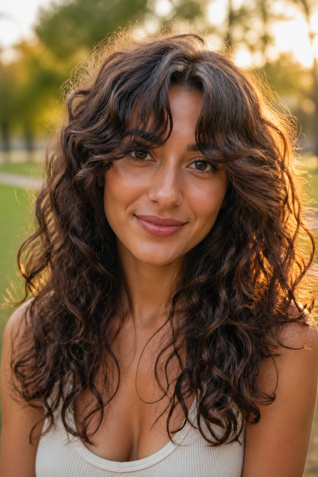 Close-up of a real person with long curtain bangs blending into the hair