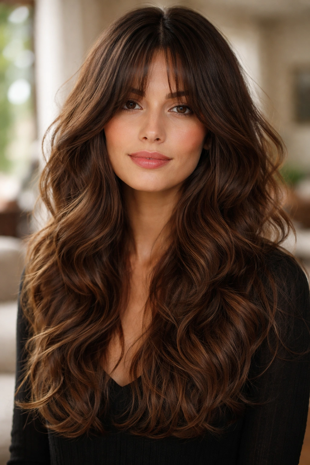 Close-up portrait of a real person with halo layers and long curtain bangs in natural light