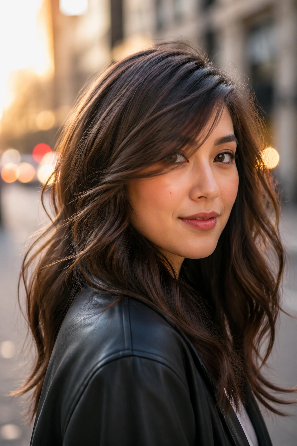 Close-up portrait of a real woman with long diagonal bangs in golden hour light