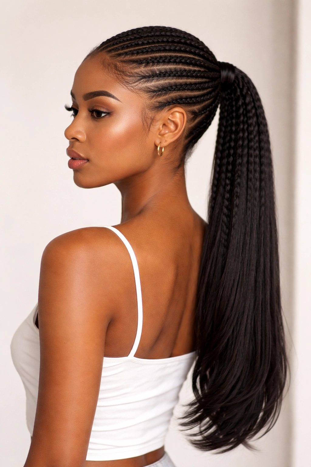 Long extension low cornrow ponytail with mid-back length extension