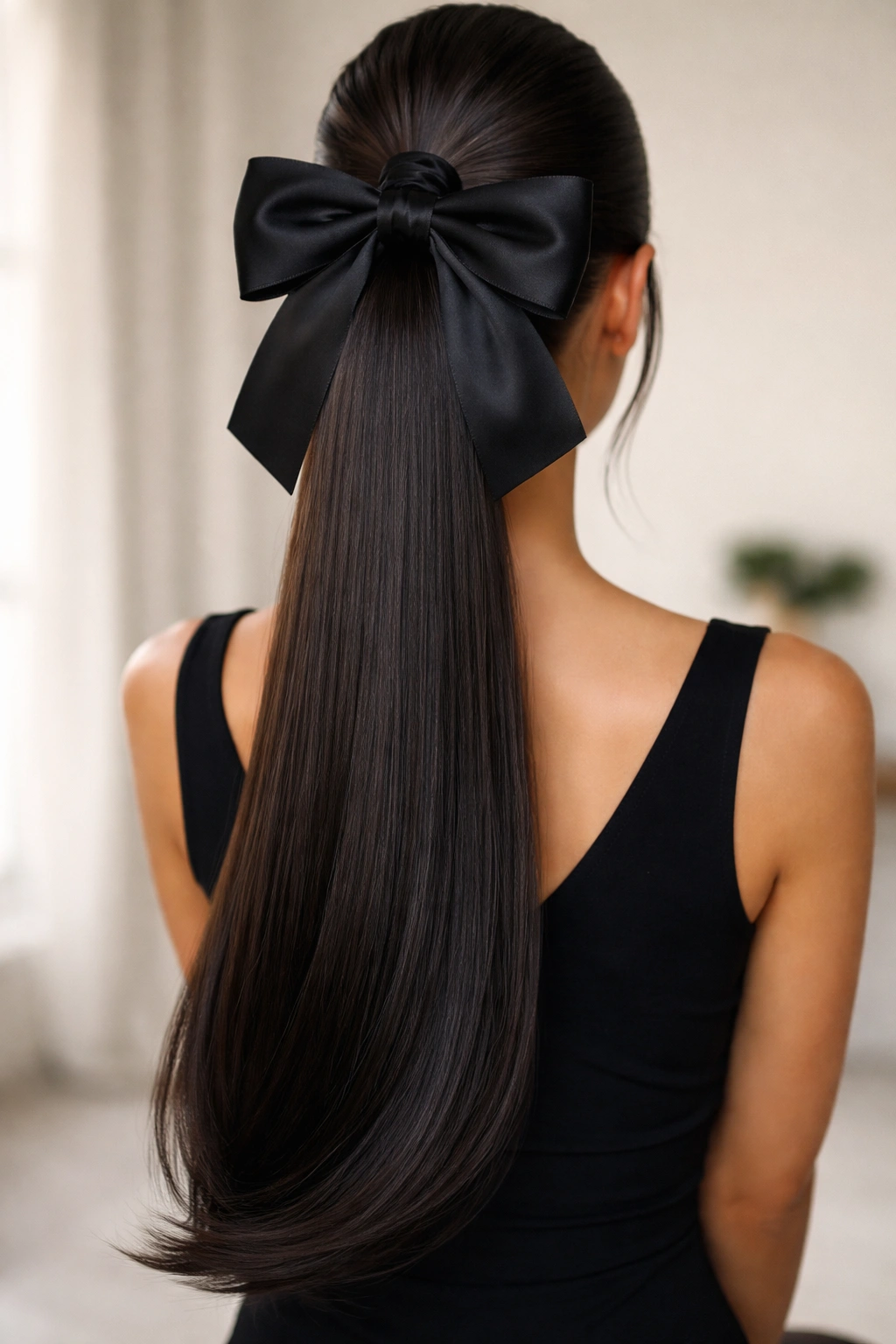 Long extension ponytail with a wide statement bow above the join