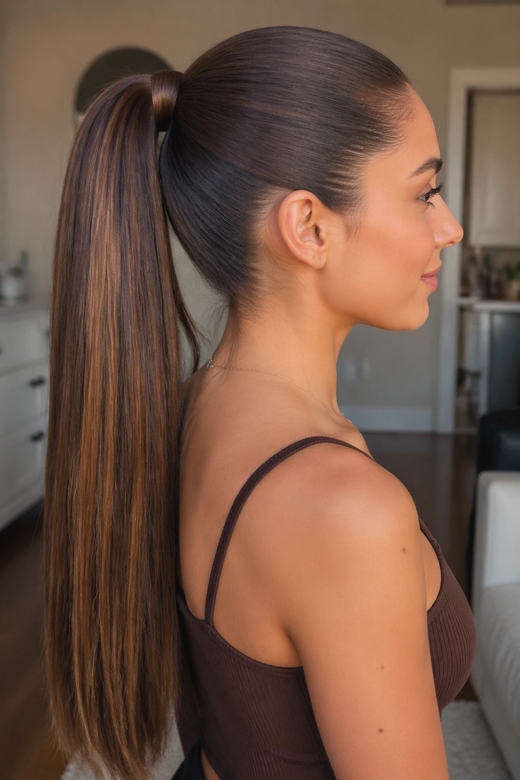 Medium close-up of a real woman with a long, extension-enhanced brown sleek ponytail in chocolate with caramel highlights.