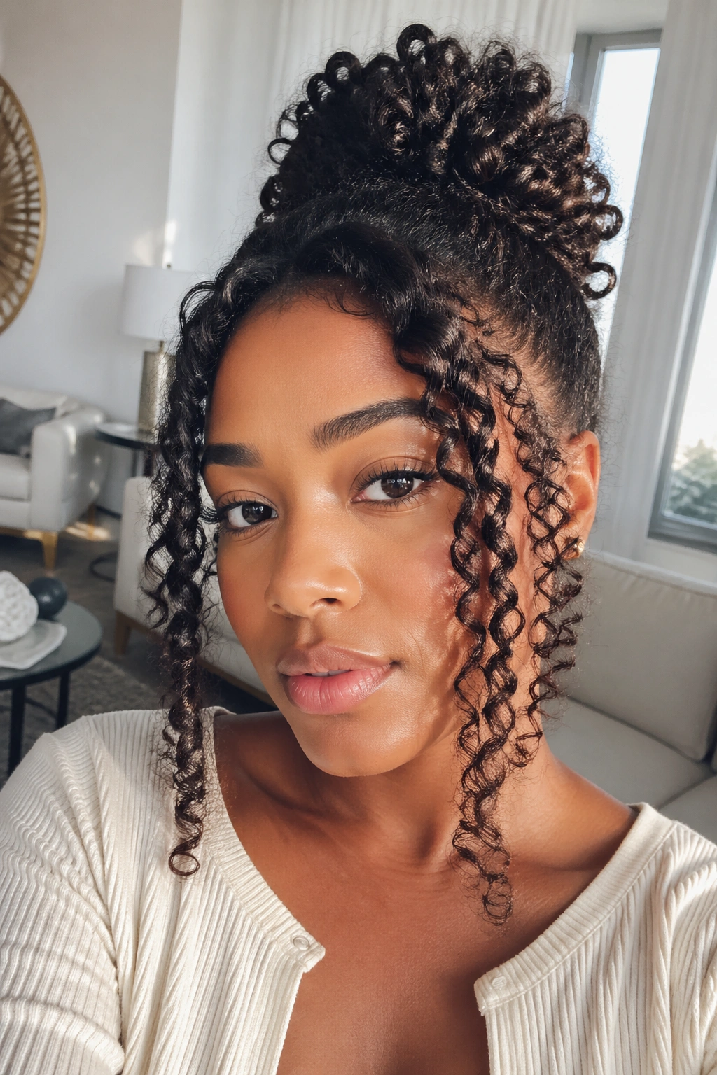 Close-up of a real woman with long face-framing curls from a half-up style.