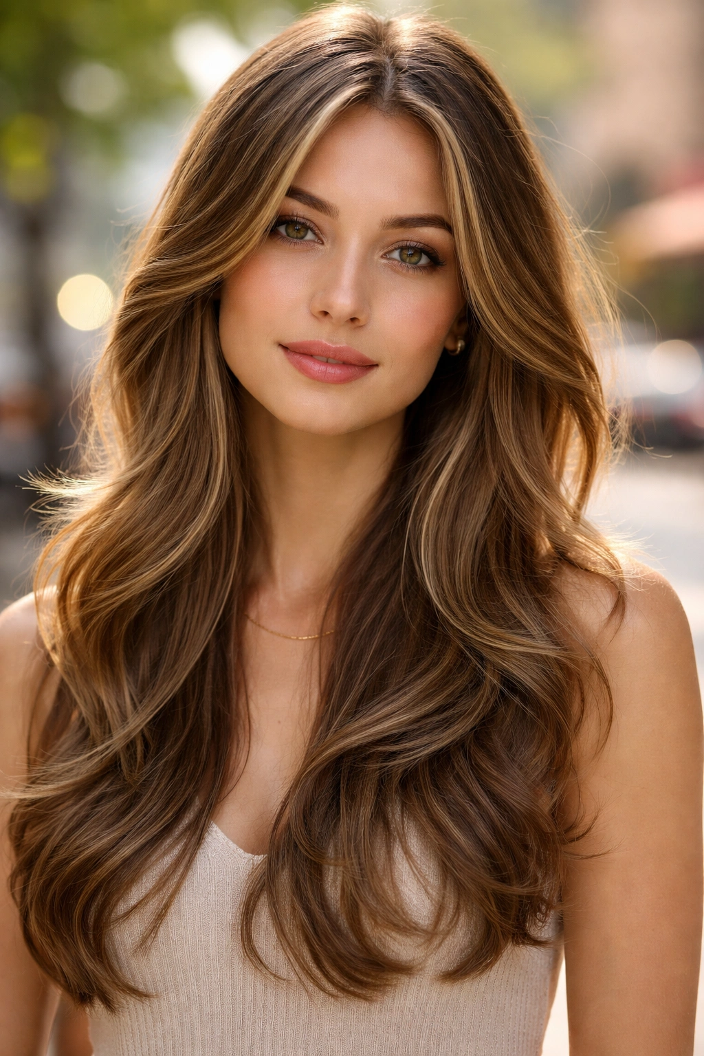 Close-up of a real woman with long face-framing layers