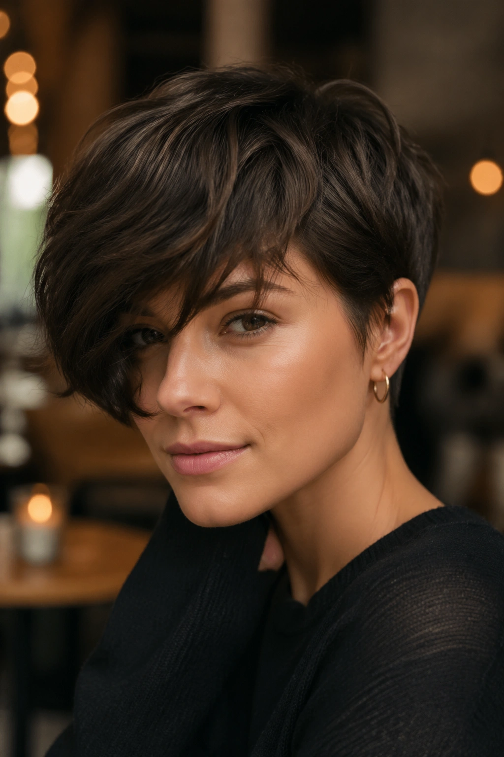 Close-up portrait of a real woman with long fringe tapered pixie and a moody lighting