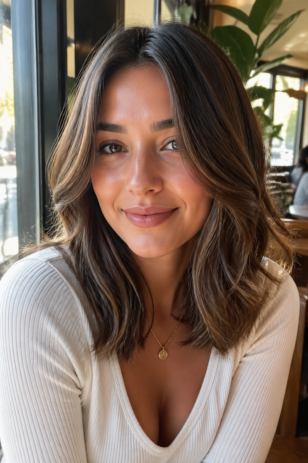 Real woman with longer front pieces butterfly cut for round face in sunny cafe light