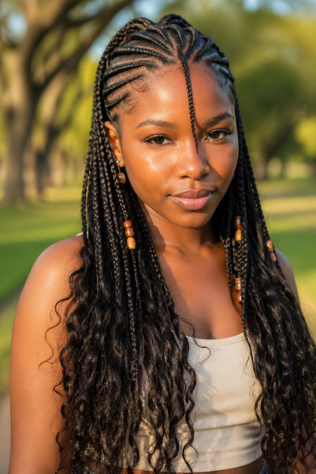 Portrait of a woman with long Fulani braid and loose curls in a sunny park.
