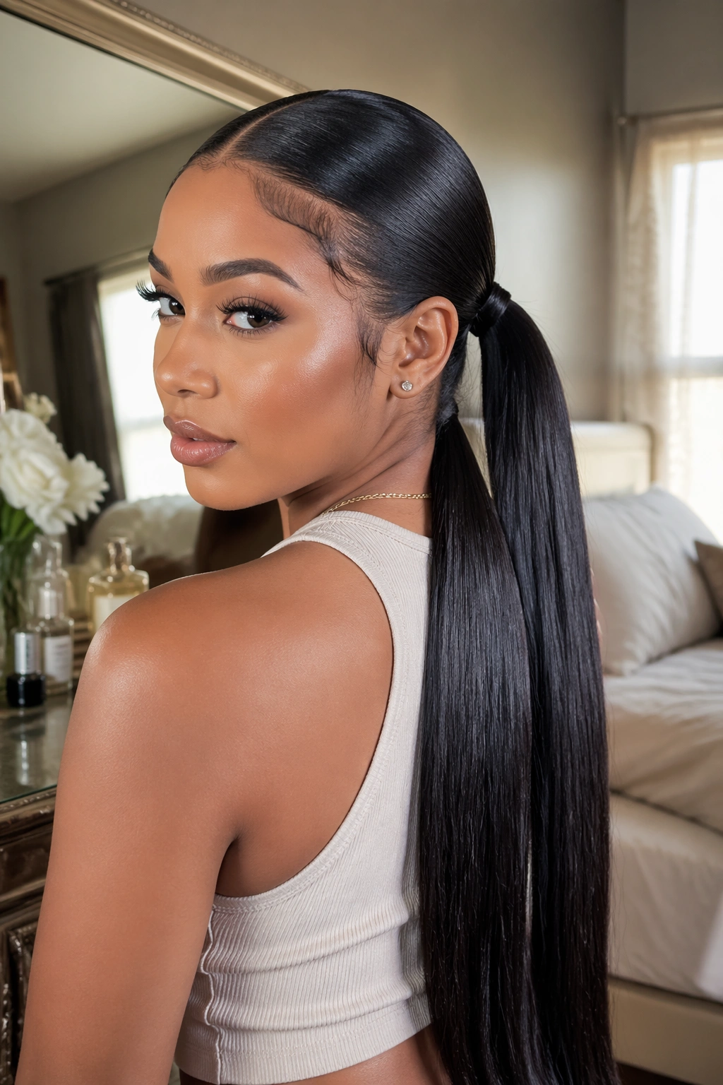 Close-up of a real woman with long glossy double ponytails in a softly lit vanity.