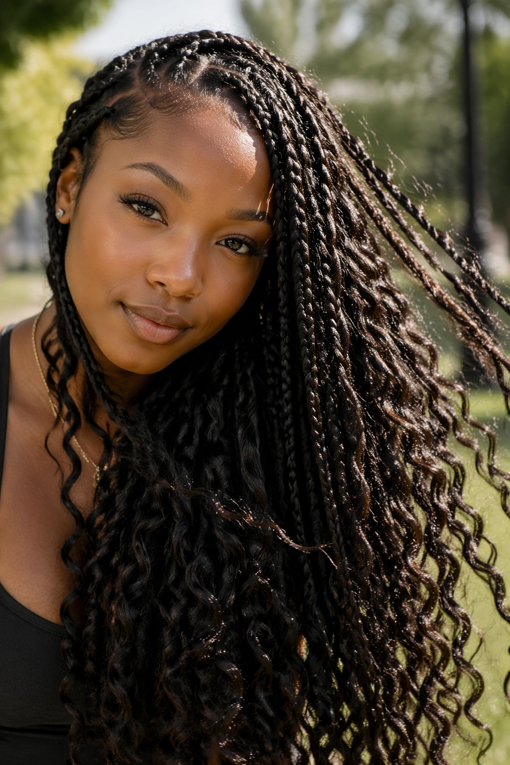 Real woman with long goddess box braids and curls in an outdoor sunlit setting.