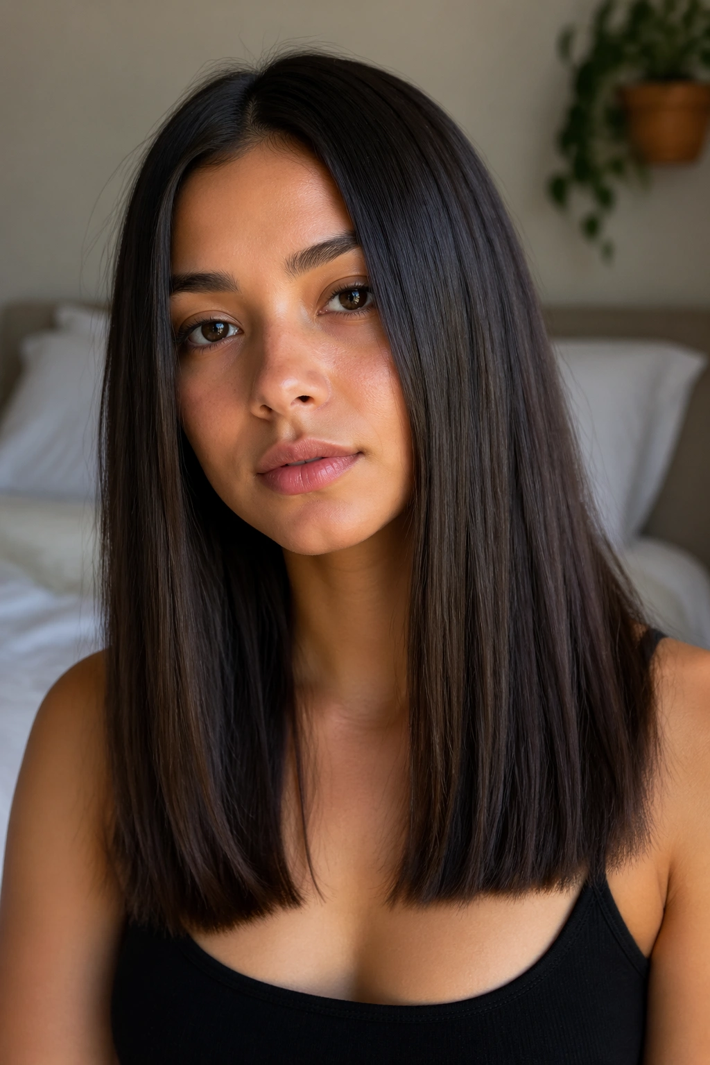 Close-up of a woman with long blunt-cut straight ends, hair dominating the frame
