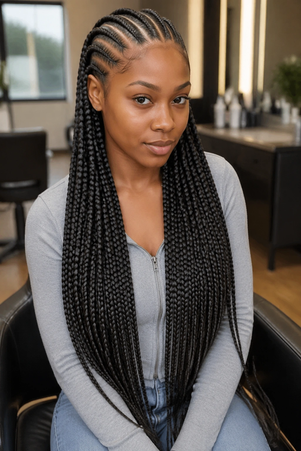 Long hair with straight-back cornrows on a real person, close-up portrait