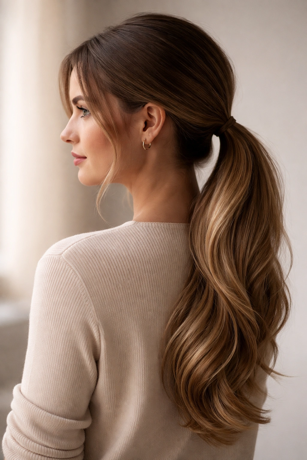 Long hair draped low ponytail over shoulder with smooth base