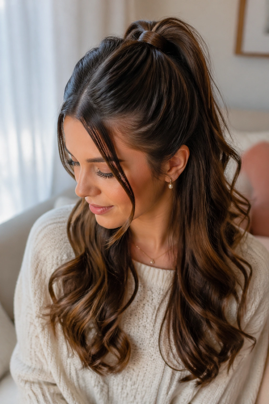 Real woman with long hair in a half-up ponytail showing secure base and soft waves.