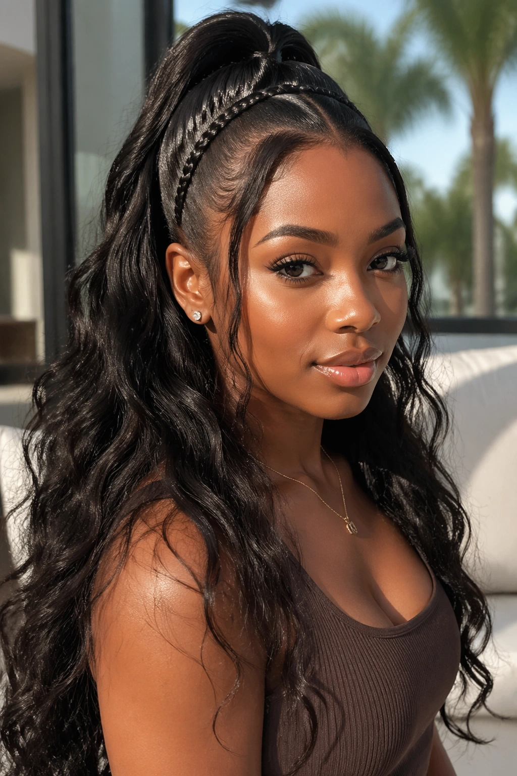 Close-up of a real person with a long half up half down weave and a tiny braid accent in natural light