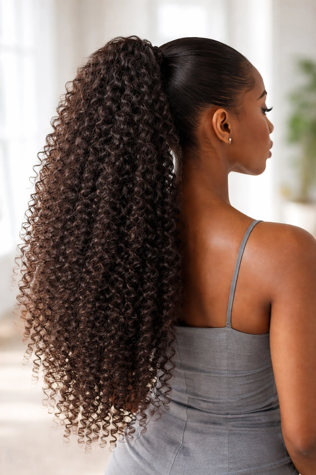 Long kinky curly human hair ponytail extension with natural movement
