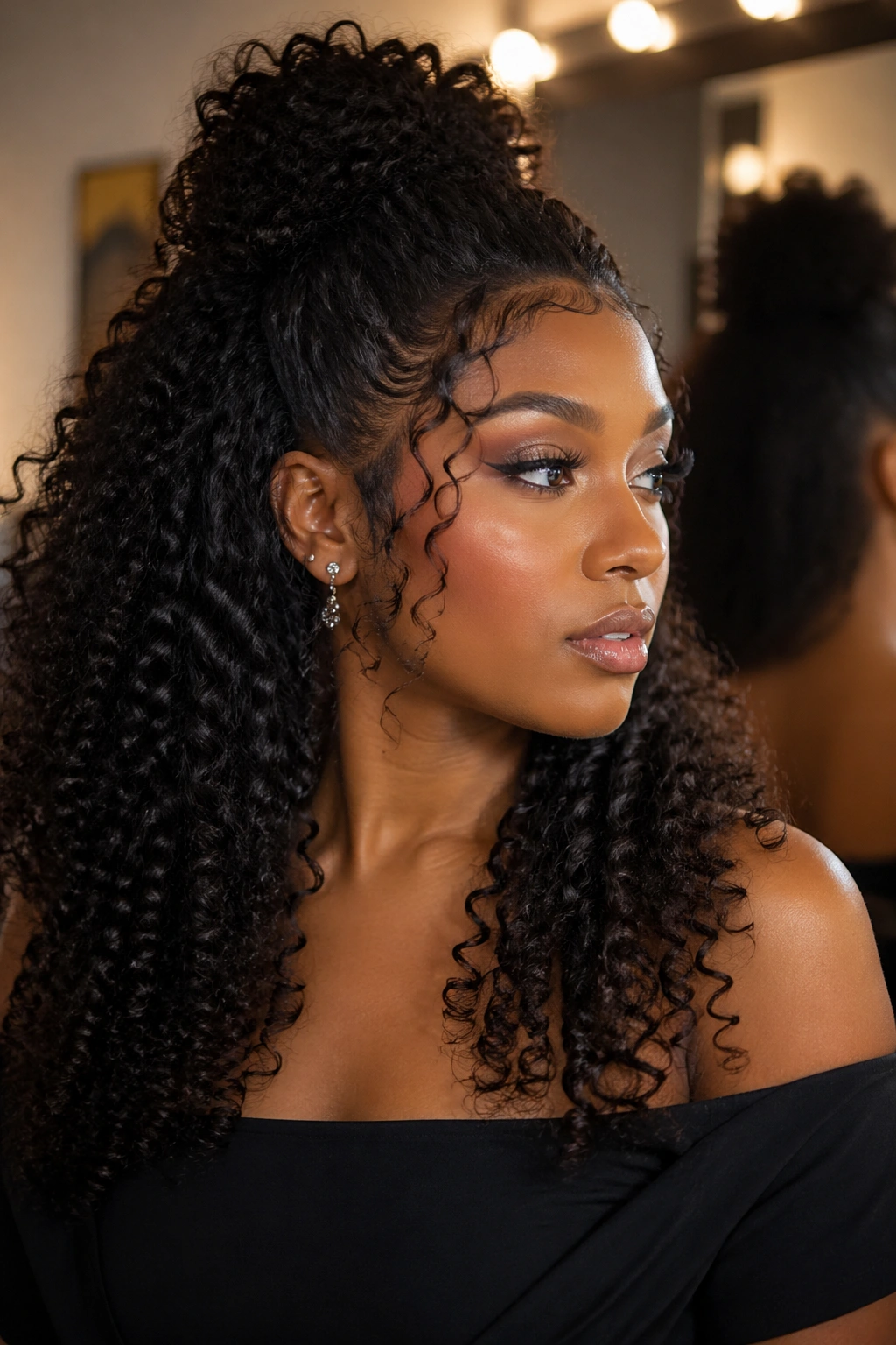Real woman with a long-lasting formal half up hairstyle showing defined curls in warm lighting