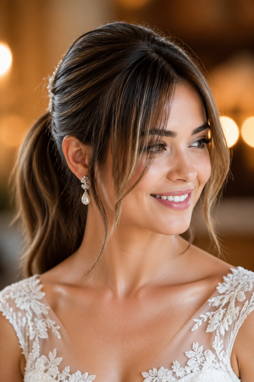 Close-up of a bride with long layered bangs and a modern ponytail