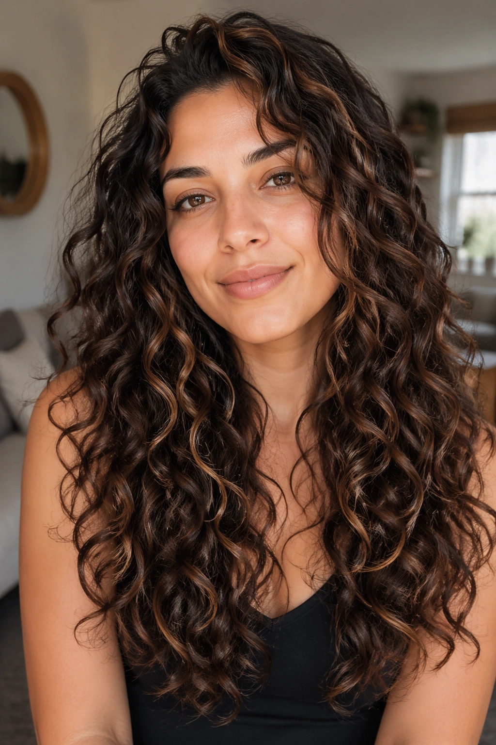 Close-up of a real woman's head with long layered curls in natural window light