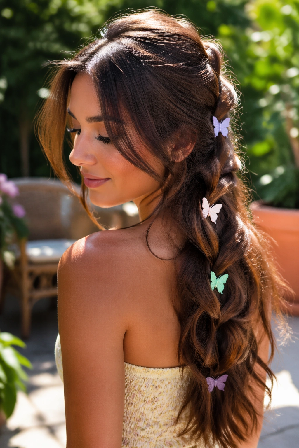 Close-up of a real woman with long layered butterfly braid ponytail and pastel clips in a sunny garden patio