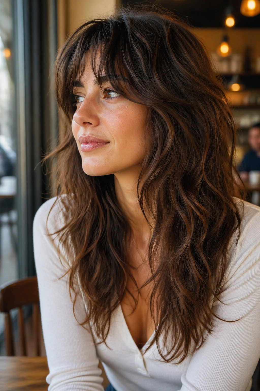 Close-up of a real woman with long layered shag under cafe window light