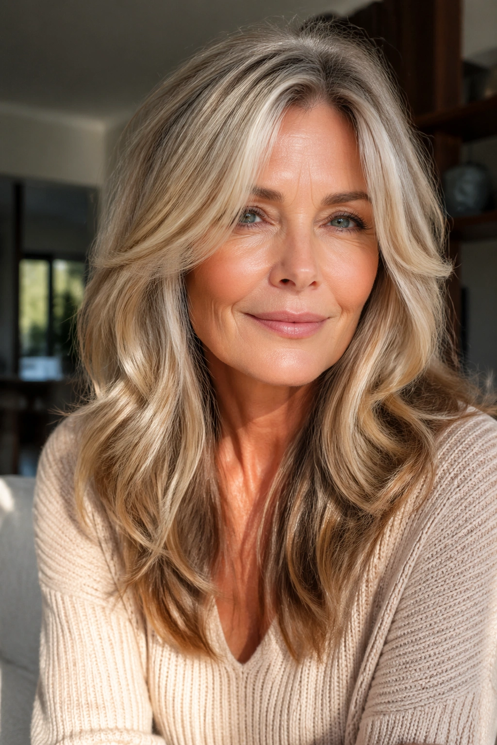 Portrait of a real woman with long layered waves and soft face framing by a window