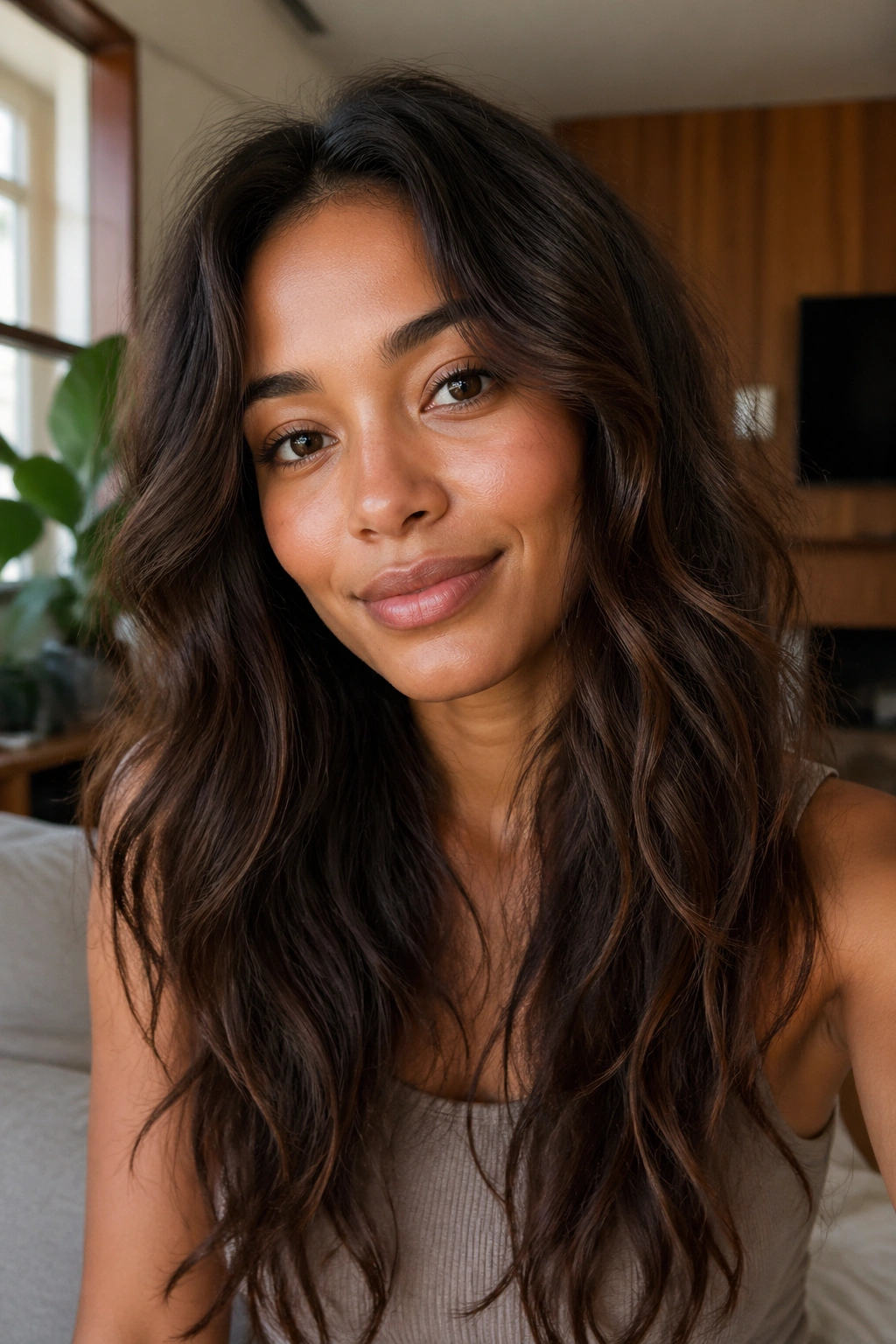 Close-up of a real woman with long layered wavy hair in soft daylight