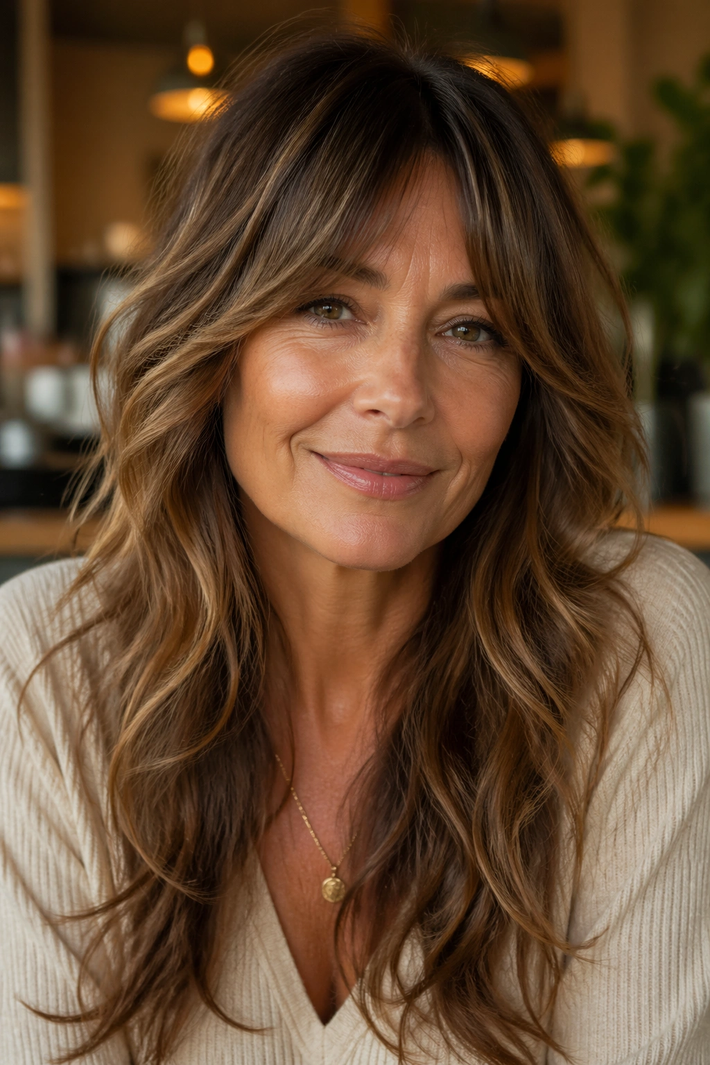 Portrait of a real woman with long layers and bottleneck bangs