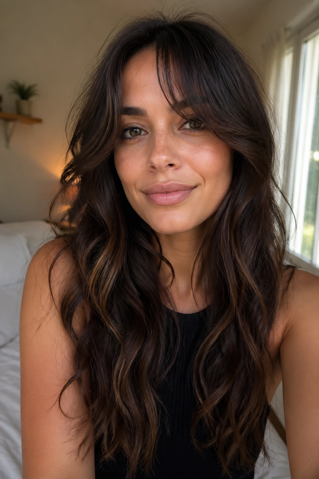 Close-up of a real woman with long layered waves and curtain bangs in warm window light