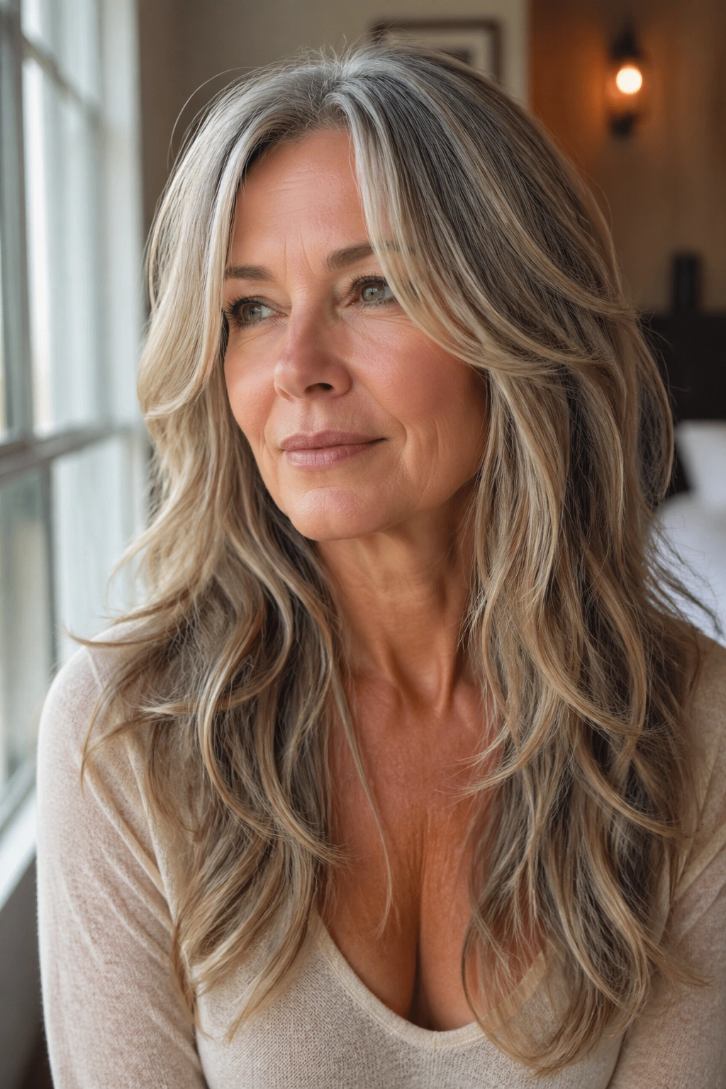 Real woman with long layers and a light face frame in natural window light