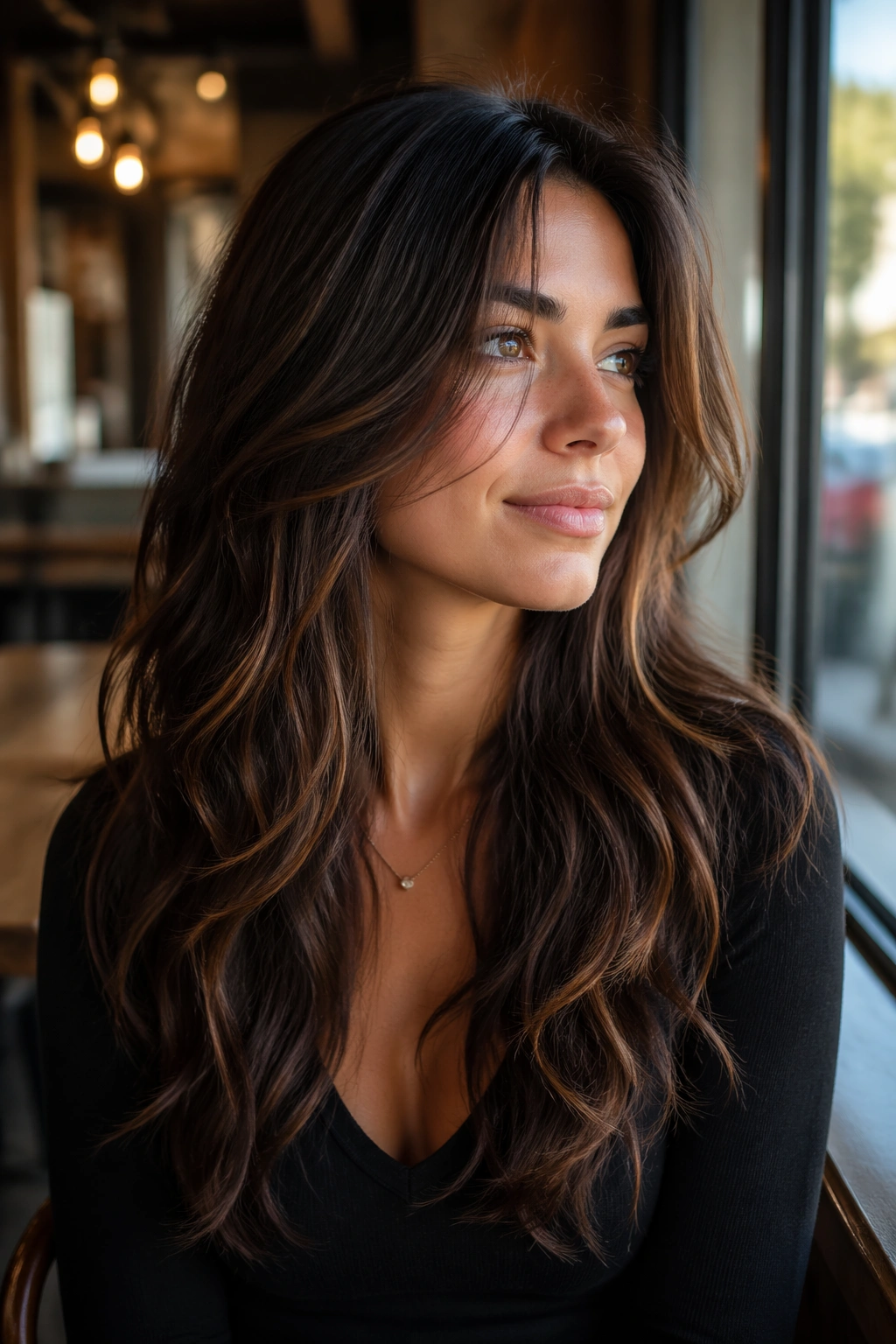 Close-up of long layers with face-framing pieces on a real woman.