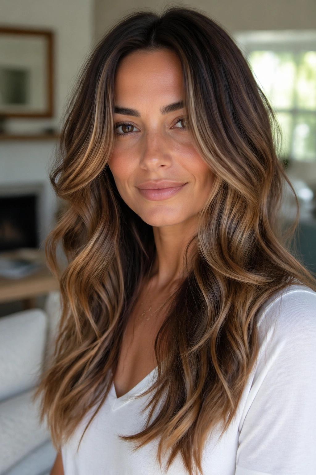 Portrait of a woman with long layered hair and face-framing waves in a sunlit living room