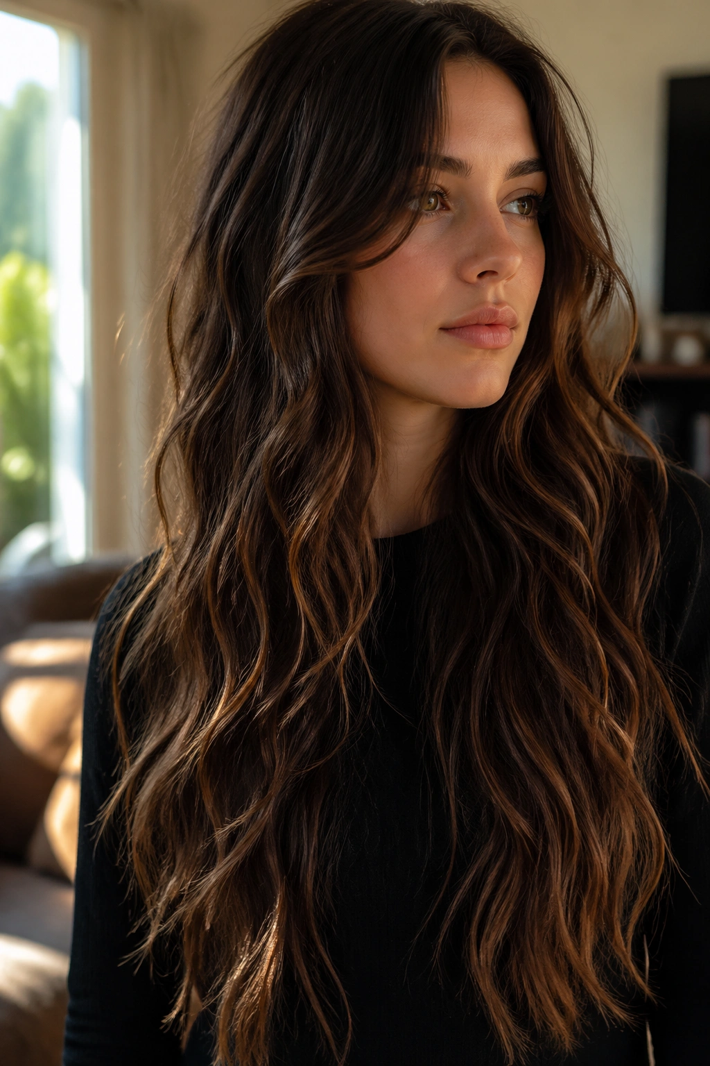 Close-up of a real woman with long wavy hair showing internal texture