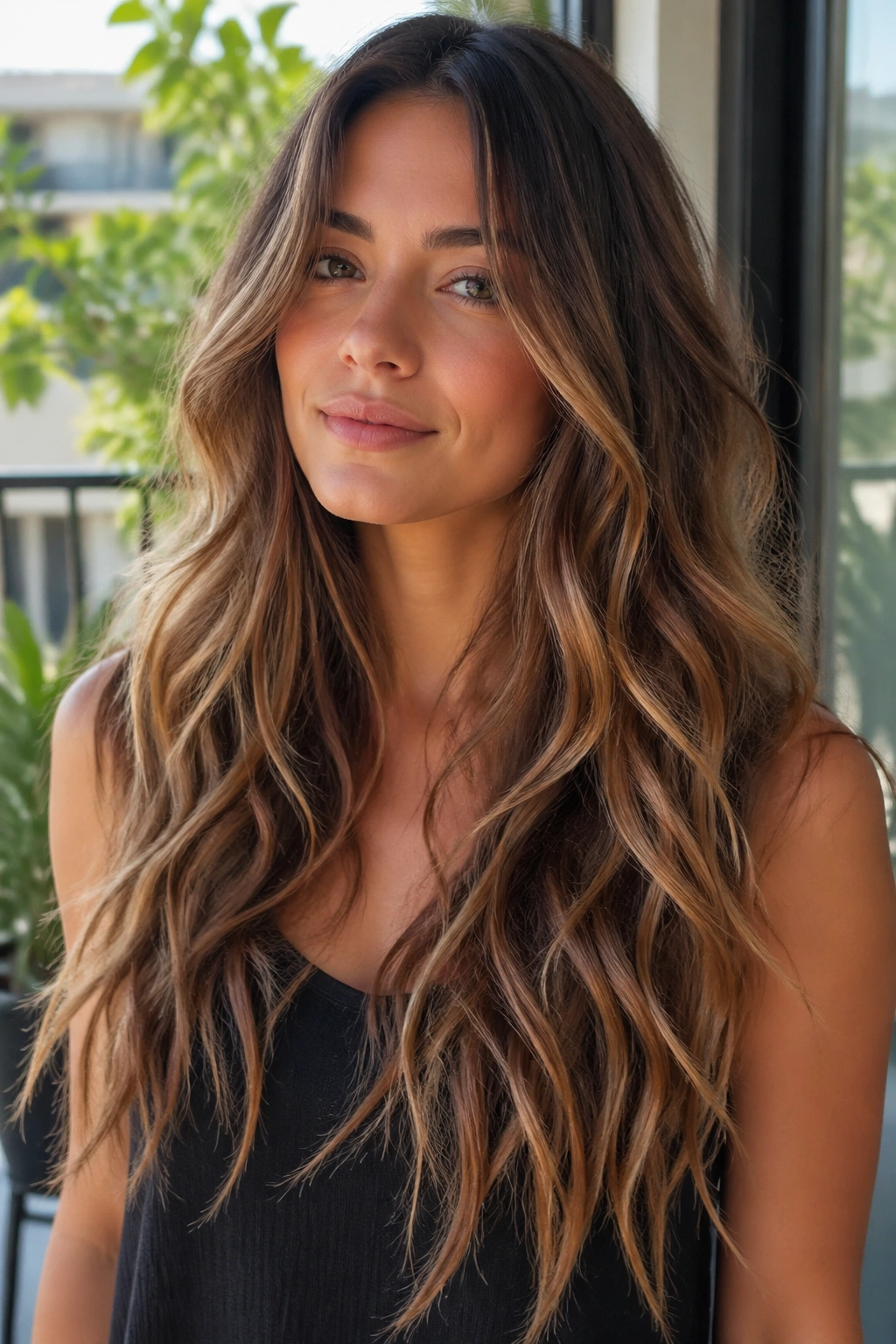 Close-up of a real woman with long layers and mermaid waves.