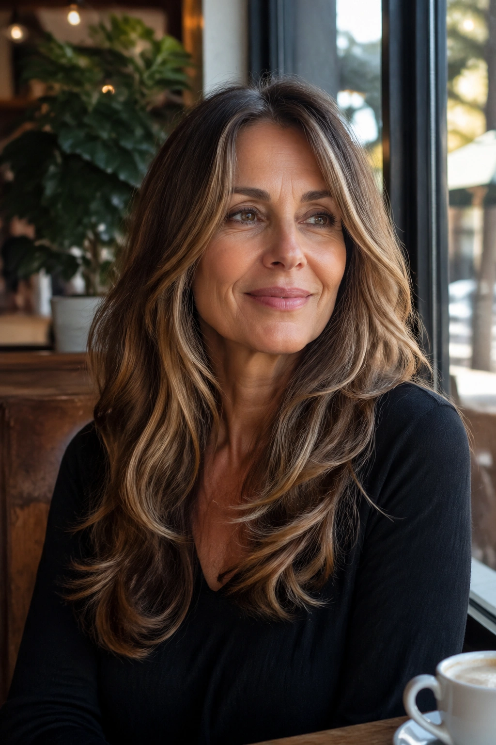 Three-quarter portrait showing long layered hair framing an oval face.