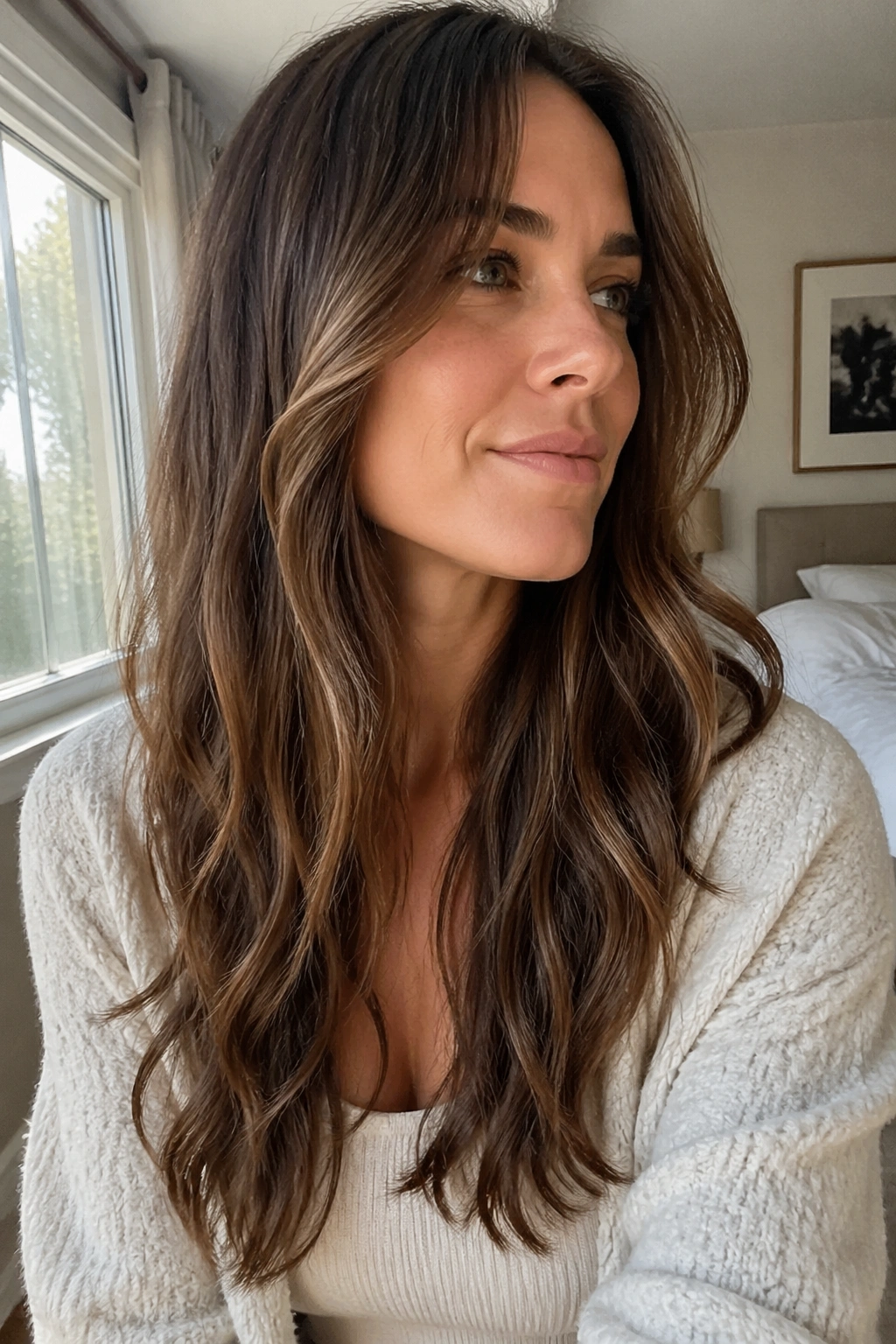 Real woman with long layers and loose movement