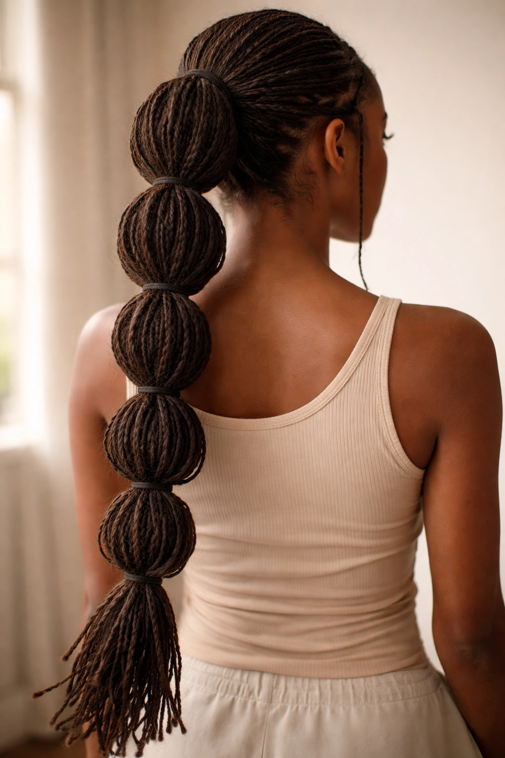 Long locs with spaced bubbles forming a sculptural bubble ponytail