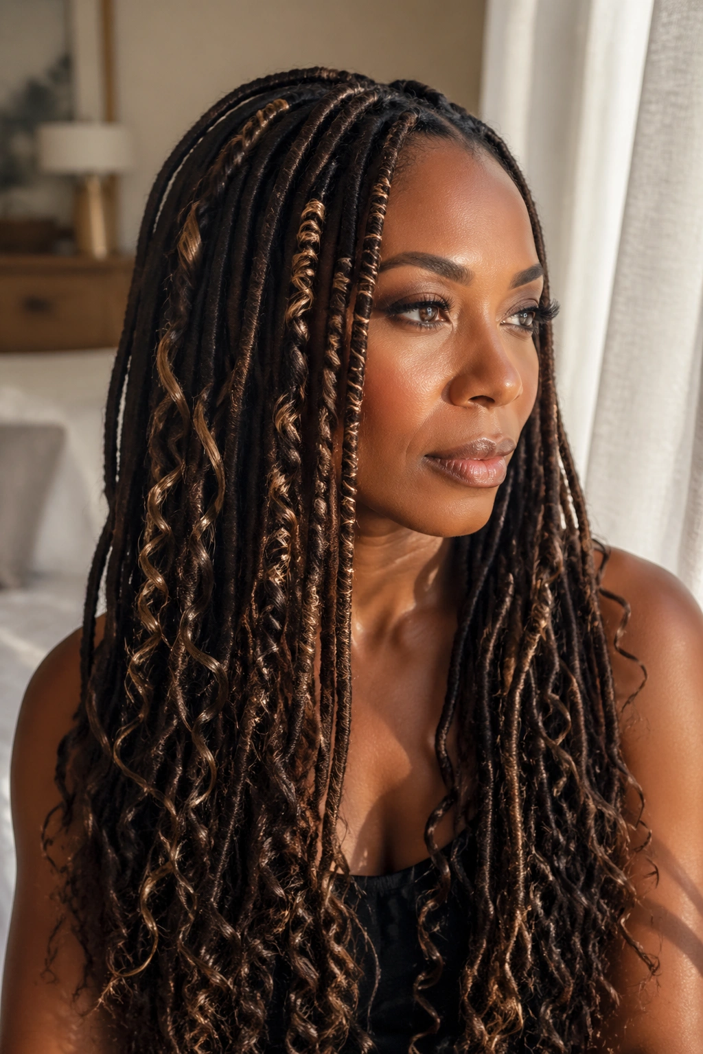 Real person with long locs wrapped in boho curls cascading down.