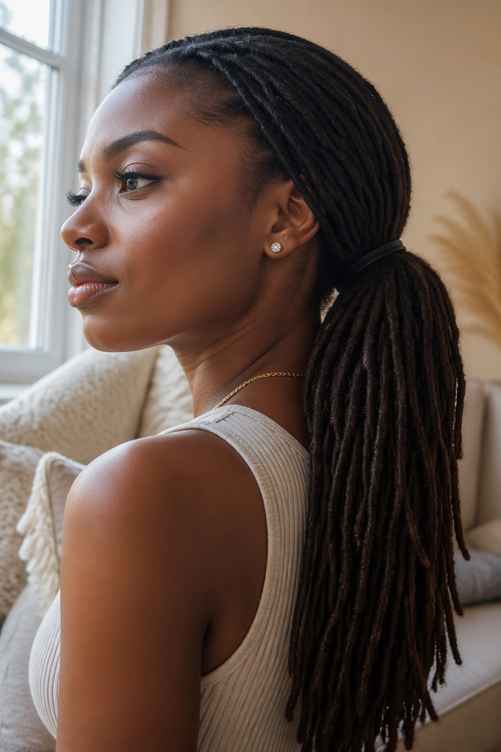 Close-up portrait of a real woman with waist-length locs in a heavy low ponytail at the nape, showing body in the tail.