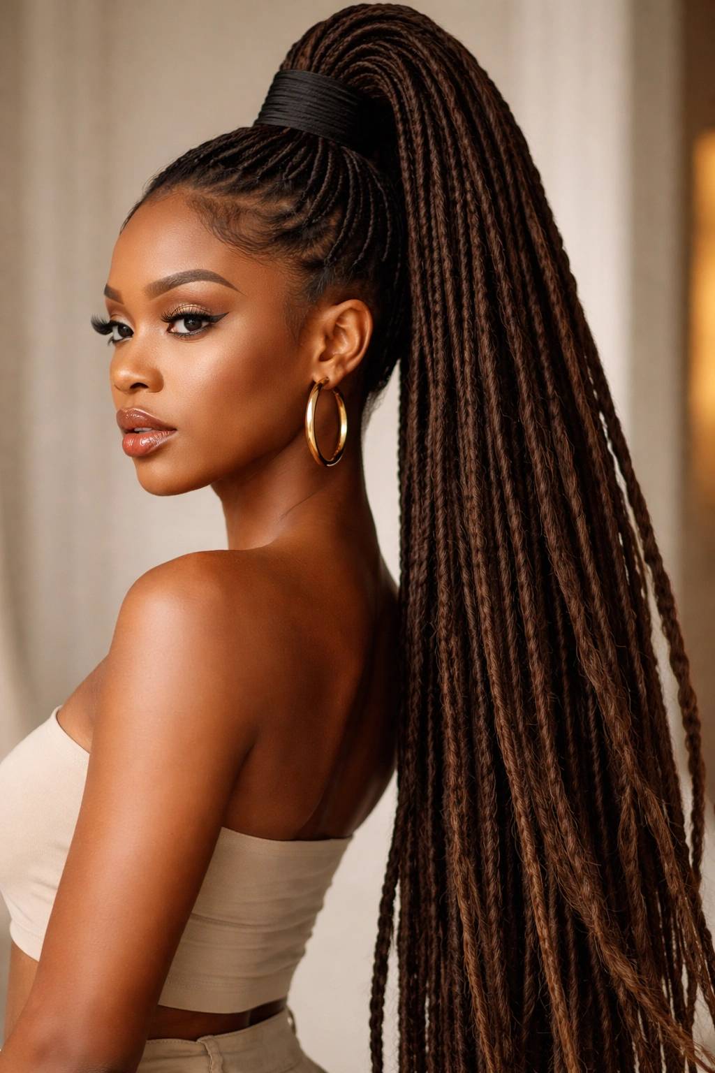 Long locs gathered into a dramatic, extra-long high ponytail