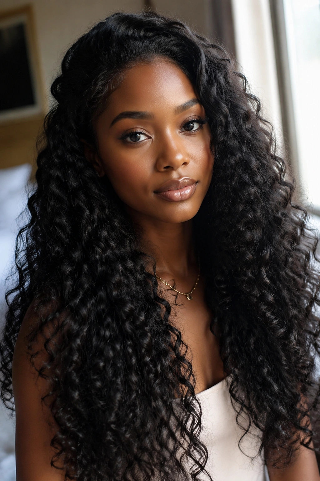 Close-up of long, loose curls down on a real person
