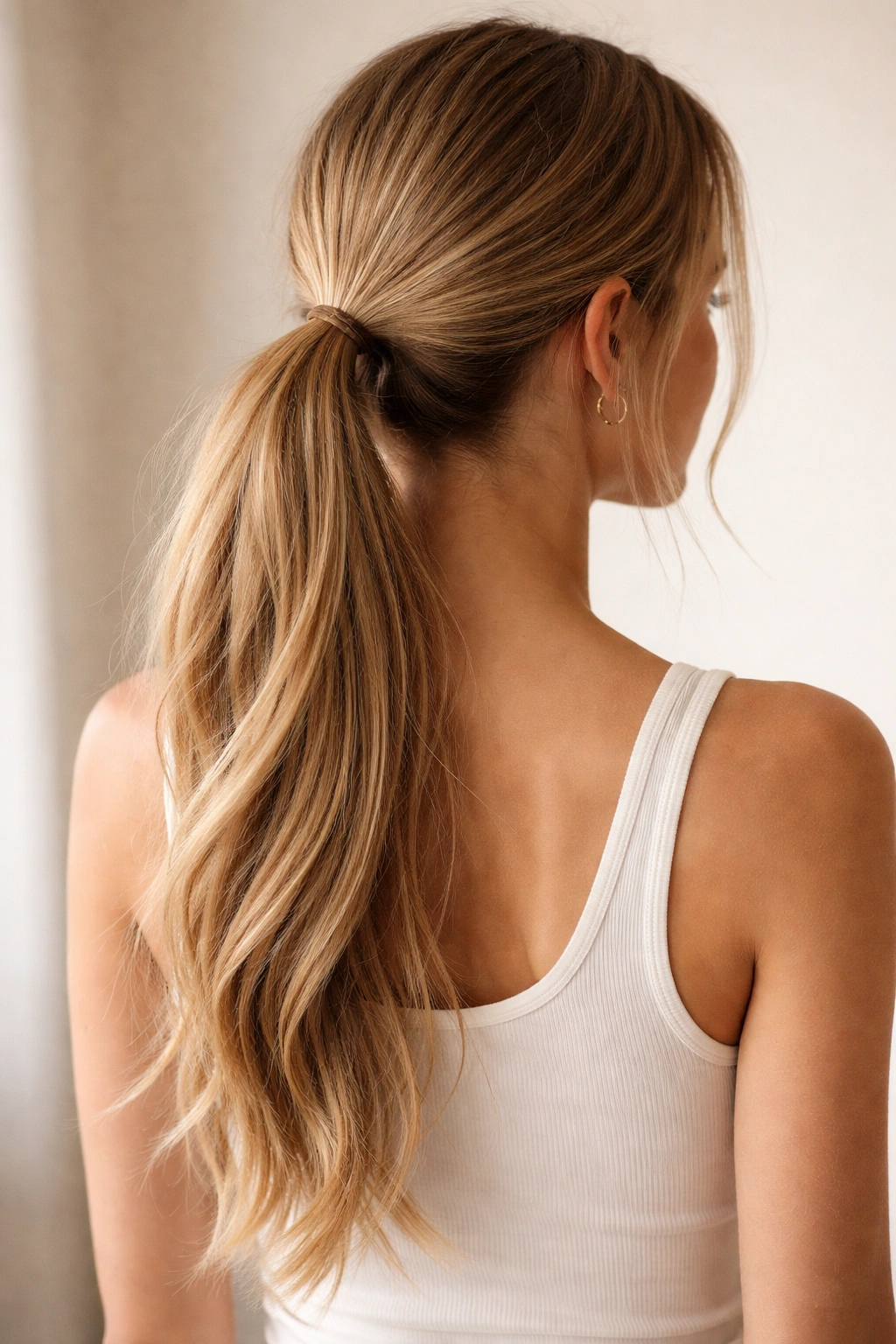 Long straight ponytail with a soft, relaxed silhouette.