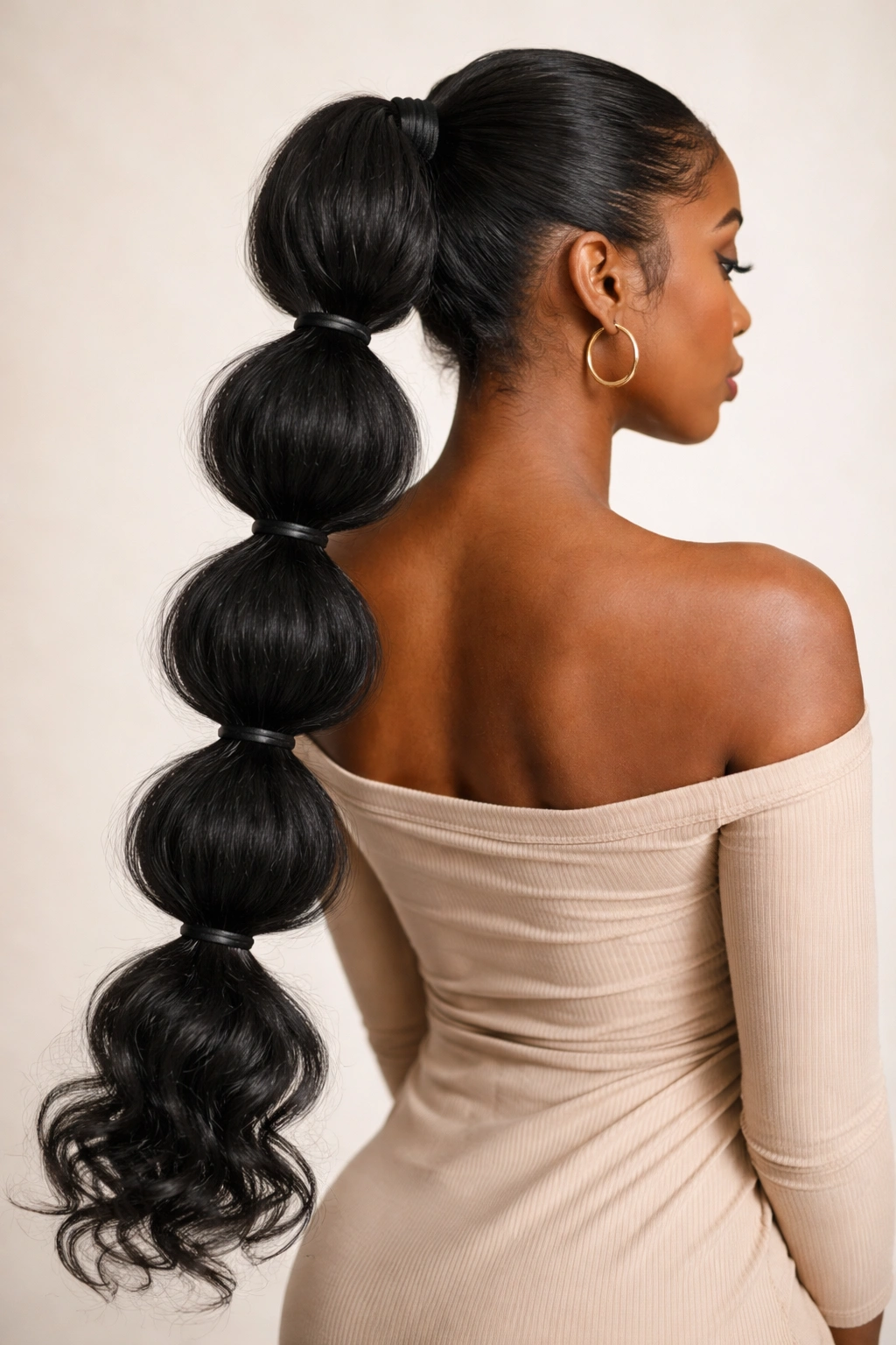 Long natural hair bubble ponytail with large, spaced bubbles.