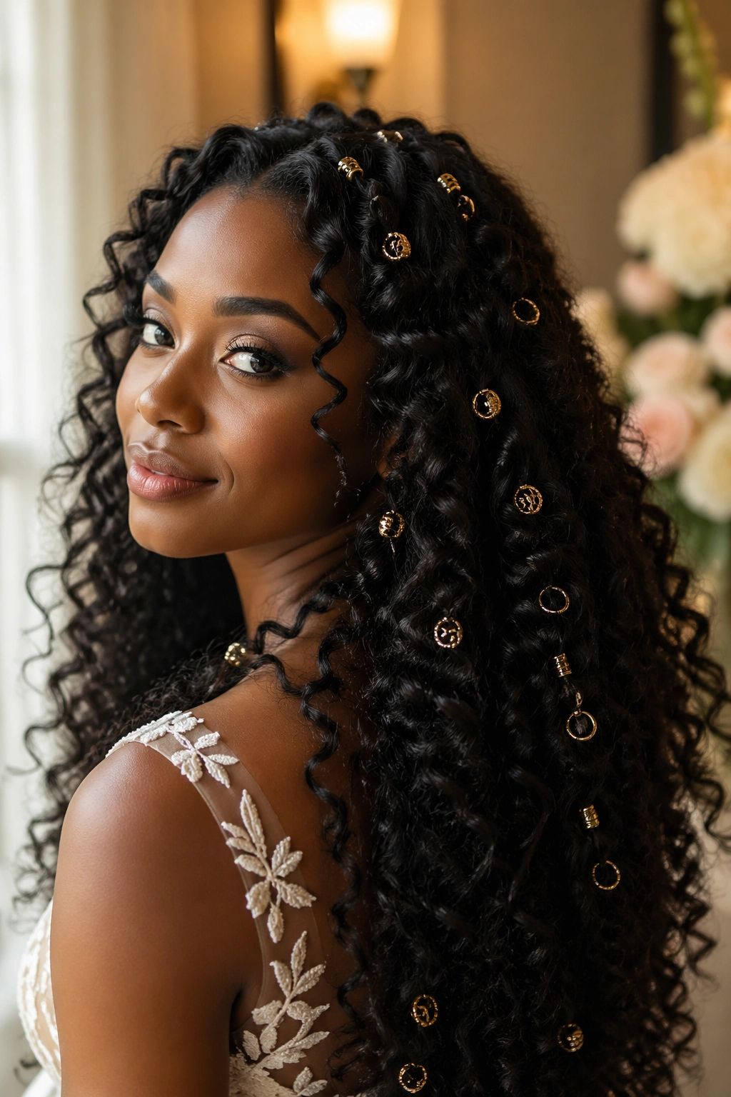 Close-up of a real bride with long curls adorned with gold jewelry woven through the hair