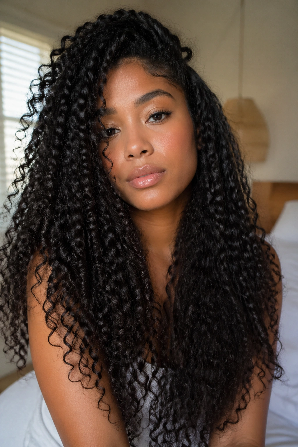 Close-up of a real woman with long natural curls in a softly lit bedroom