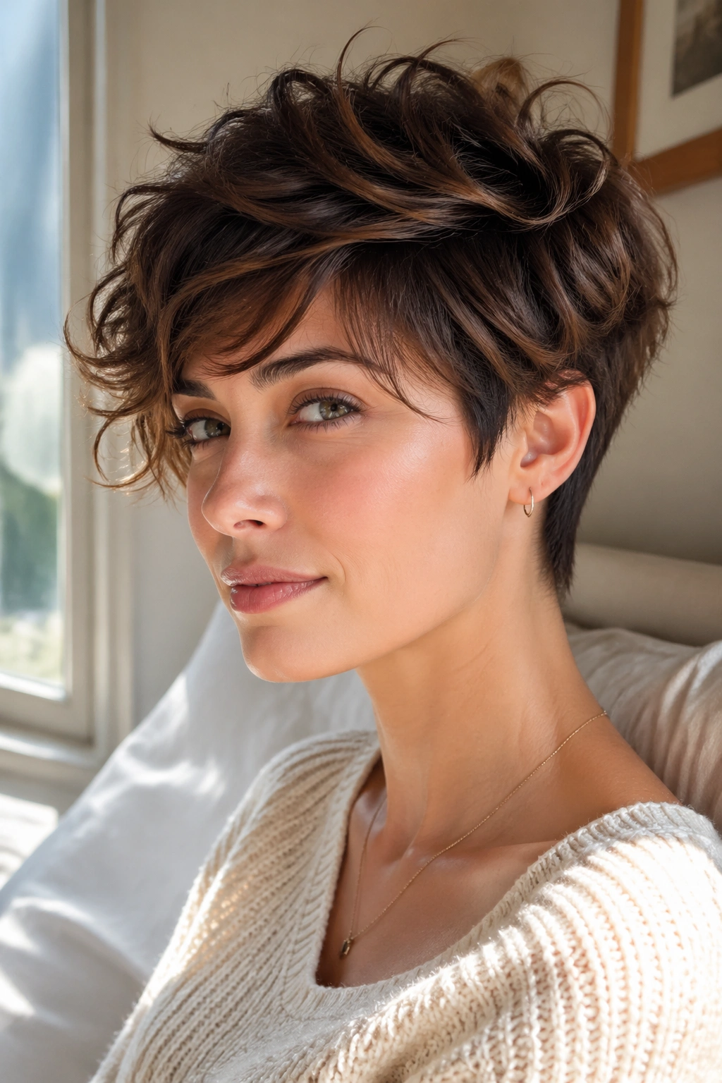 Close-up of a real person with a long pixie and crown layers showing lifted waves