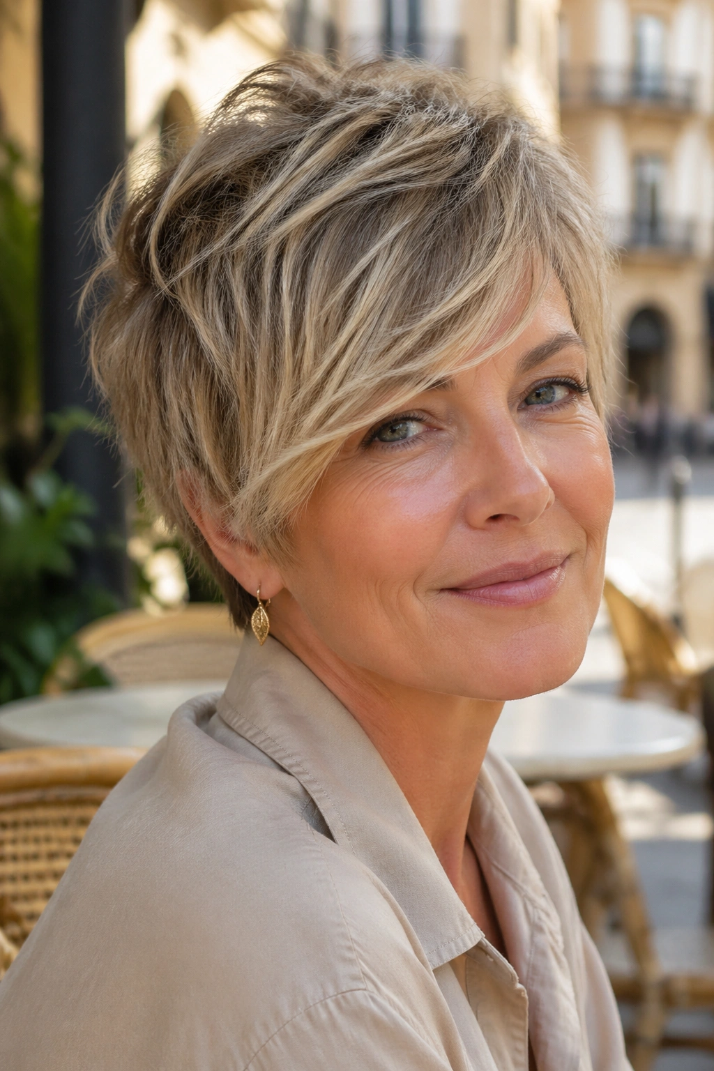 Portrait of a real woman with a long pixie and sweeping fringe in golden hour outdoor light.