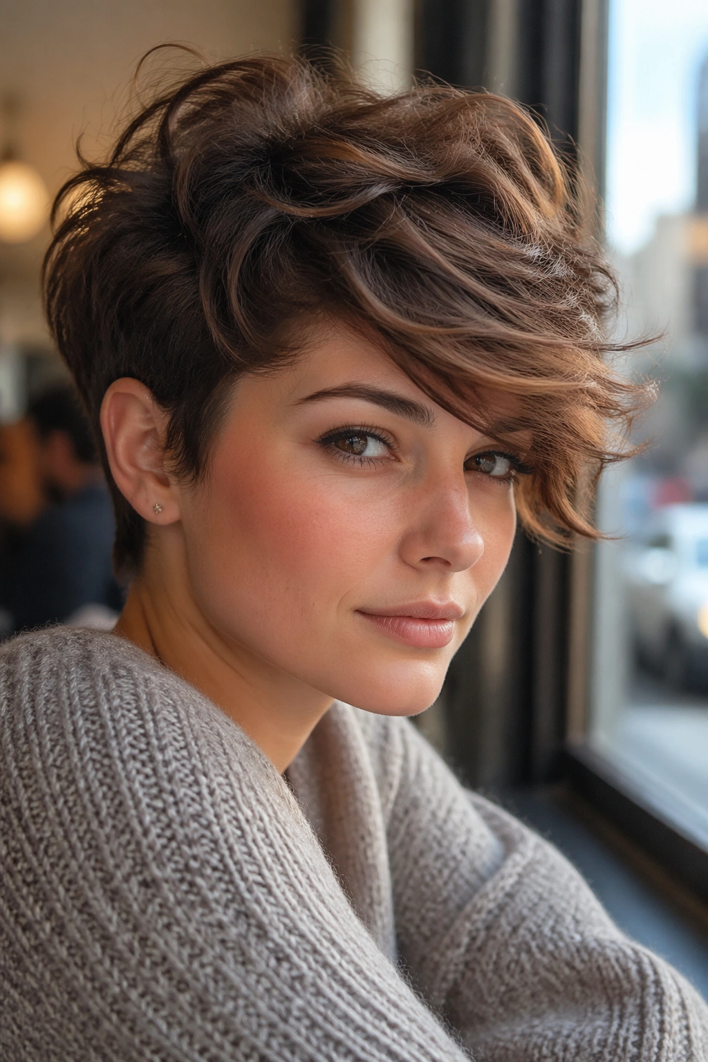 Close-up portrait of a real person with long pixie and sweeping fringe at cafe window.