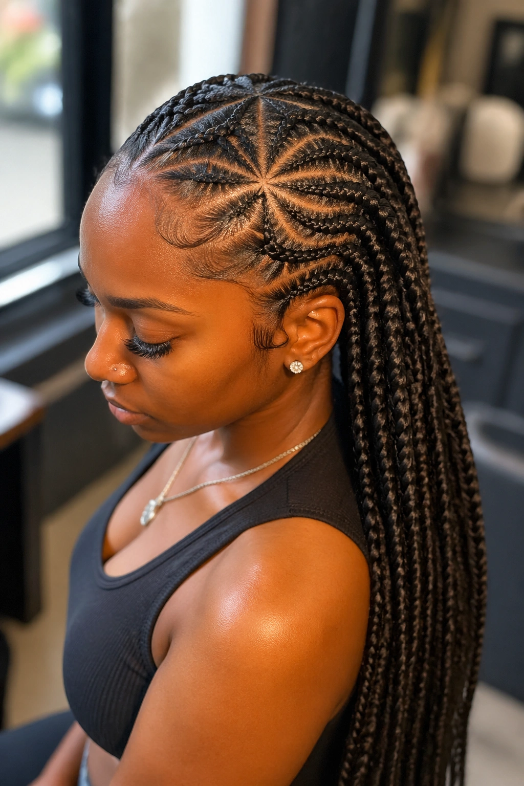 Close-up of real person with long pondo and crown cornrows in a salon